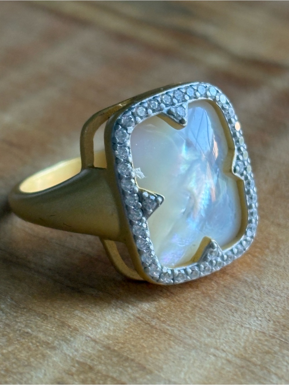 Freida Rothman Gold Over 925 Sterling Mother-of-Pearl CZ Halo Statement Ring 8
